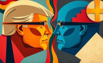 Rappresentazione artistica di una scissione politica, colori vivaci con simboli astratti di divisione.