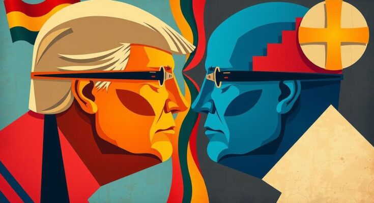 Rappresentazione artistica di una scissione politica, colori vivaci con simboli astratti di divisione.