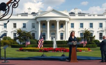 Президент Трамп обсуждает амнистию для участников протестов с фоновым видом на Белый дом.
