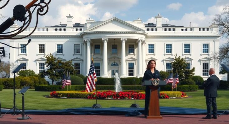 Президент Трамп обсуждает амнистию для участников протестов с фоновым видом на Белый дом.