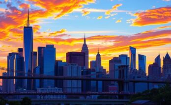 A vibrant city skyline featuring the iconic New York City architecture against a sunset backdrop.