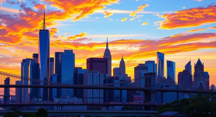 A vibrant city skyline featuring the iconic New York City architecture against a sunset backdrop.