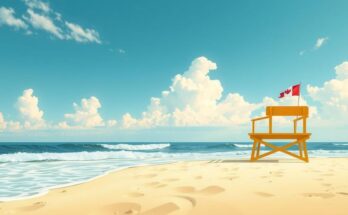 Camera perspective of an empty beach, showcasing lifeguard chair and waves under a bright sky in summer.