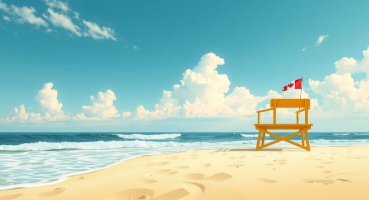 Camera perspective of an empty beach, showcasing lifeguard chair and waves under a bright sky in summer.