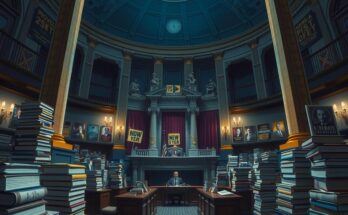 Нощна сесия в Сената с протестни стикери и пирамидки от книги, символизиращи демократичния активизъм в политиката.