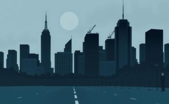 Rappresentazione artistica dell'esaurimento politico in un paesaggio urbano grigio, tonalità blu e nere.