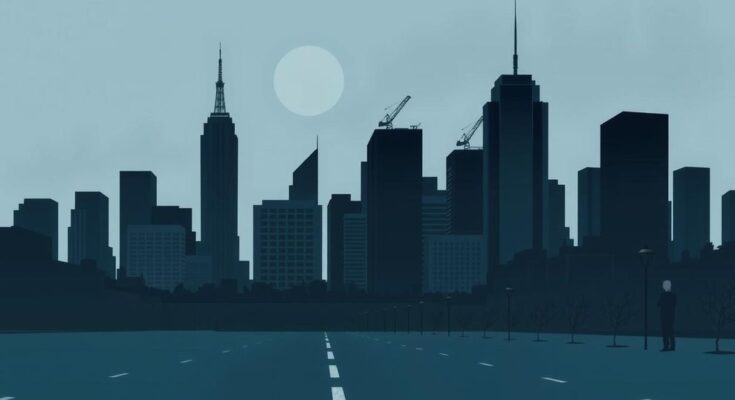 Rappresentazione artistica dell'esaurimento politico in un paesaggio urbano grigio, tonalità blu e nere.
