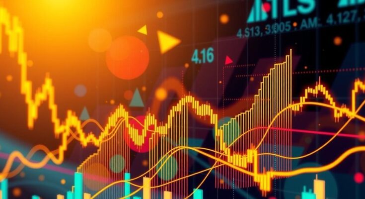 Kumpulan grafik bullish dan bearish di atas latar belakang emas, melambangkan fluktuasi pasar saham.