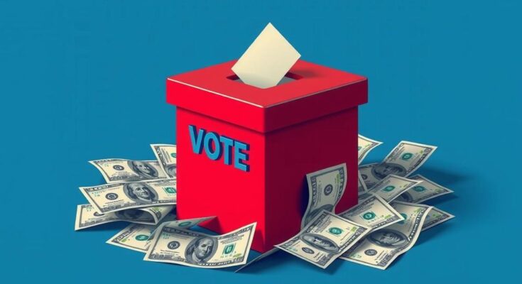 Un simbolico urna elettorale circondata da denaro e grafiche in un contesto politico americano.