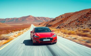 Gambar mobil Tesla modern melaju di jalan yang terbuka dengan latar belakang warna cerah dan langit biru.