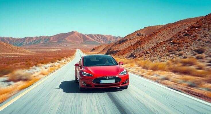 Gambar mobil Tesla modern melaju di jalan yang terbuka dengan latar belakang warna cerah dan langit biru.