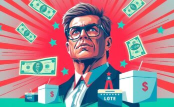 Ilustrasi kekuatan politik dengan simbol dolar, simbol pemilu, dan latar warna cerah, menggambarkan pengaruh kekuatan finansial.