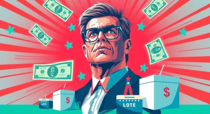 Ilustrasi kekuatan politik dengan simbol dolar, simbol pemilu, dan latar warna cerah, menggambarkan pengaruh kekuatan finansial.