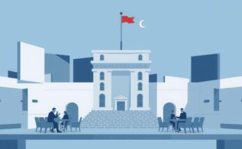 Centrul de legislatie cu elemente abstracte, simbolizand procesul legislativ si discutii politice in nuante de albastru si gri.
