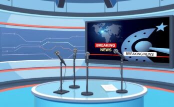 A digital illustration of a news studio with microphones and a backdrop of breaking news, focusing on media coverage.