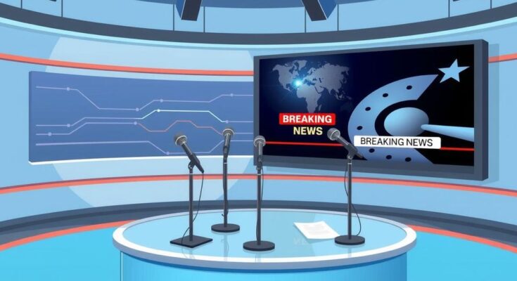 A digital illustration of a news studio with microphones and a backdrop of breaking news, focusing on media coverage.