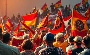 Собрание сторонников в поддержку политиков-освобожденных, флаги и знамёна