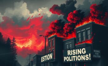 Scene depicting escalating political tensions with dark clouds, burning buildings, and protest signs in Romania.