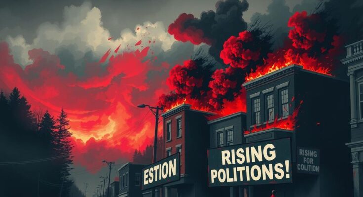 Scene depicting escalating political tensions with dark clouds, burning buildings, and protest signs in Romania.