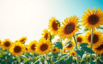 Un câmp vast cu un lan de floarea-soarelui sub cer senin, simbolizând optimismul și viitorul DOGE.