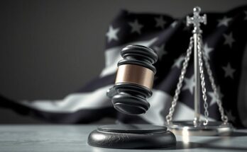 Gambaran simbolis kekuasaan dengan palu dan bendera, menggambarkan debat politik di Amerika.