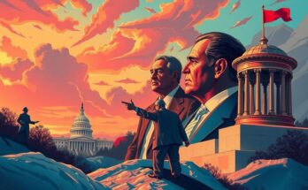 Un paysage politique dynamique illustrant un contraste de couleurs vives, symbolisant la tension entre différents leaders.