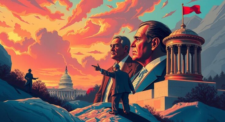 Un paysage politique dynamique illustrant un contraste de couleurs vives, symbolisant la tension entre différents leaders.