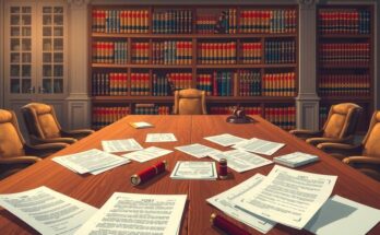 Avocati intr-o sala de judecata, discutii si documente legale, stil modern, scheme de culori calde.