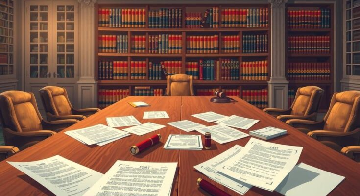 Avocati intr-o sala de judecata, discutii si documente legale, stil modern, scheme de culori calde.