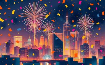 A celebratory scene with confetti, balloons, and a city skyline symbolizing political victory and hope for the future.