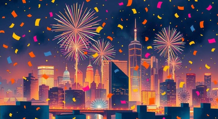 A celebratory scene with confetti, balloons, and a city skyline symbolizing political victory and hope for the future.