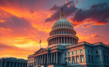 Детальный план здания Капитолия США на фоне заката с драматическим небом и цветами в теплых тонах.