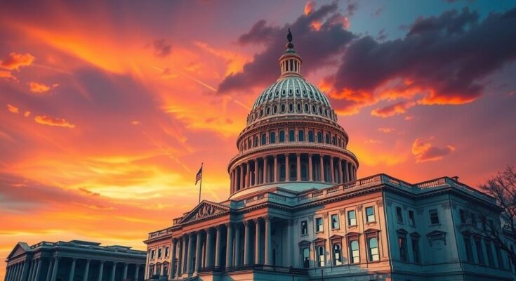 Детальный план здания Капитолия США на фоне заката с драматическим небом и цветами в теплых тонах.