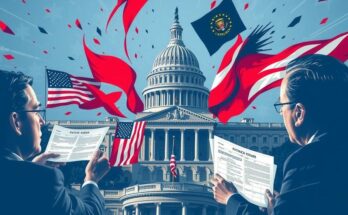 Ilustrasi ketegangan politik terkait penganggaran pemerintah di Capitol Hill, dengan nuansa warna biru dan merah.