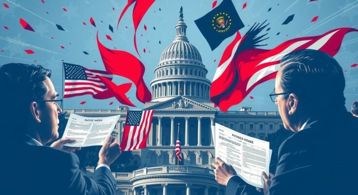Ilustrasi ketegangan politik terkait penganggaran pemerintah di Capitol Hill, dengan nuansa warna biru dan merah.
