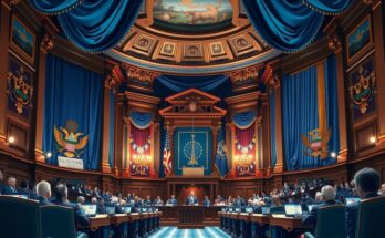 Un événement politique à la Maison Blanche avec des drapeaux et des décorations, symbolisant le débat sur le budget.