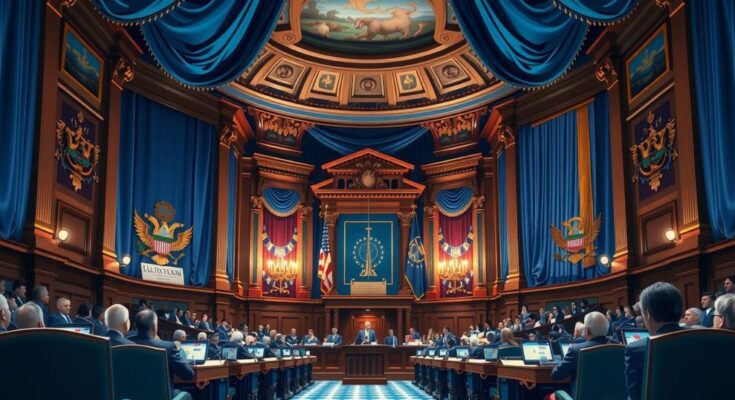 Un événement politique à la Maison Blanche avec des drapeaux et des décorations, symbolisant le débat sur le budget.