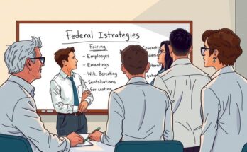 Des employés fédéraux réunis autour d'un tableau blanc, discutant des stratégies de réembauche avec un fond de bureau.