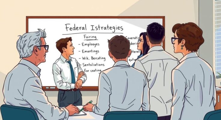 Des employés fédéraux réunis autour d'un tableau blanc, discutant des stratégies de réembauche avec un fond de bureau.