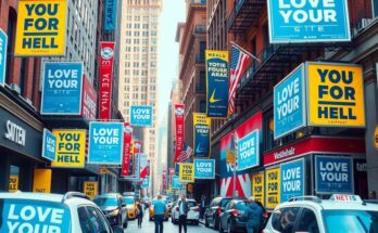 Dynamic political scene of New York with campaign materials and vibrant cityscape, reflecting youthful energy and engagement.