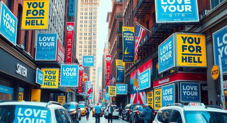 Dynamic political scene of New York with campaign materials and vibrant cityscape, reflecting youthful energy and engagement.