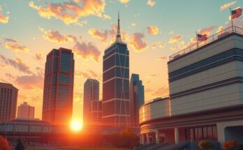 Пейзаж с современным офисом, вид на небоскрёбы с ярким закатом на фоне, символизирующий политические назначения.