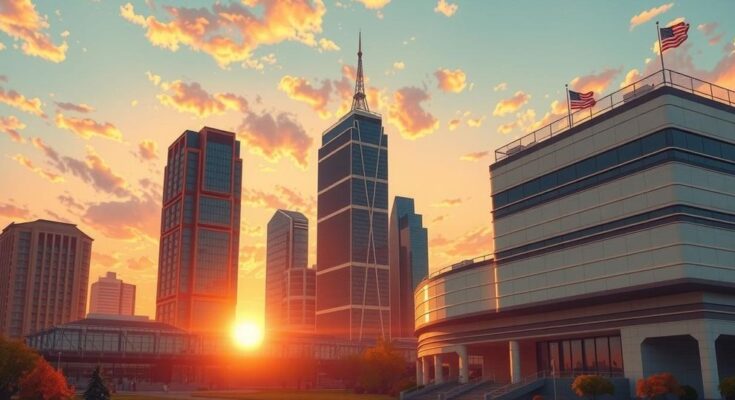 Пейзаж с современным офисом, вид на небоскрёбы с ярким закатом на фоне, символизирующий политические назначения.