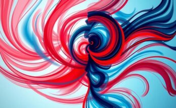 Illustrazione astratta che rappresenta la diversità politica negli Stati Uniti con tonalità blu e rosse.
