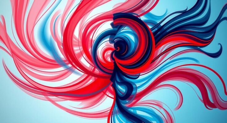 Illustrazione astratta che rappresenta la diversità politica negli Stati Uniti con tonalità blu e rosse.
