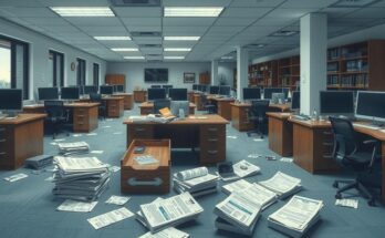 A conceptual illustration of federal offices, with empty desks and paperwork scattered, reflecting employee rehirings.