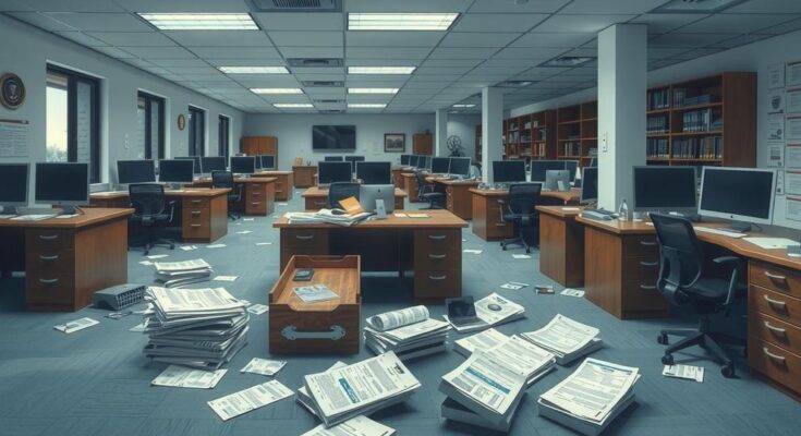 A conceptual illustration of federal offices, with empty desks and paperwork scattered, reflecting employee rehirings.