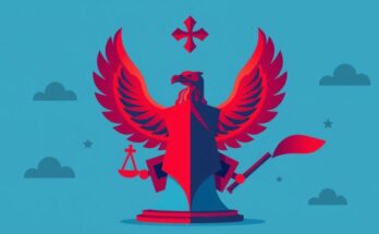 Ilustrasi politik dengan simbolis, desain minimalis, warna biru dan merah, refleksi kekuasaan dan ambisi.