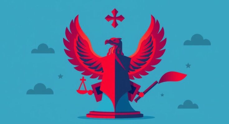 Ilustrasi politik dengan simbolis, desain minimalis, warna biru dan merah, refleksi kekuasaan dan ambisi.