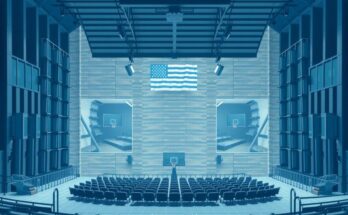 Baskteball court with empty seats, symbolic of political support and decisions, in a minimalist style with blue and grey tones.